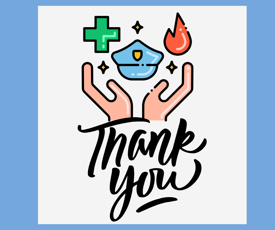 hands holding police hat, medical cross, and flame