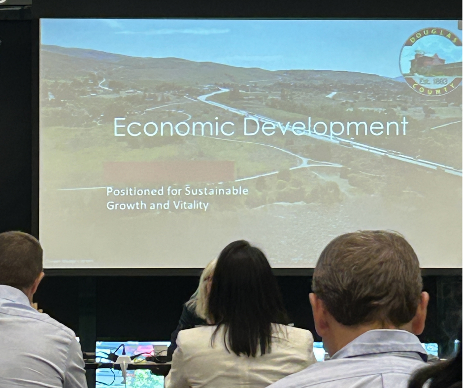 People at a meeting looking at a video screen