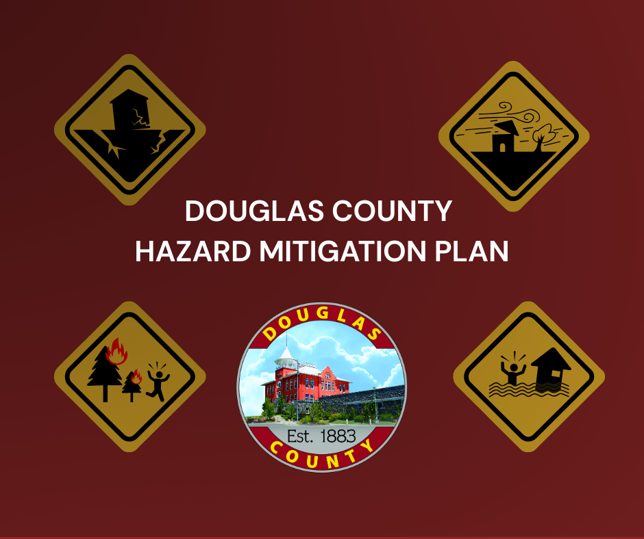 Douglas County Hazard Mitigation plan with icons of flood, fire, storm, and earthquake