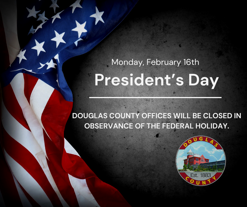 American Flag and county logo with notice of Presiden't Day closure