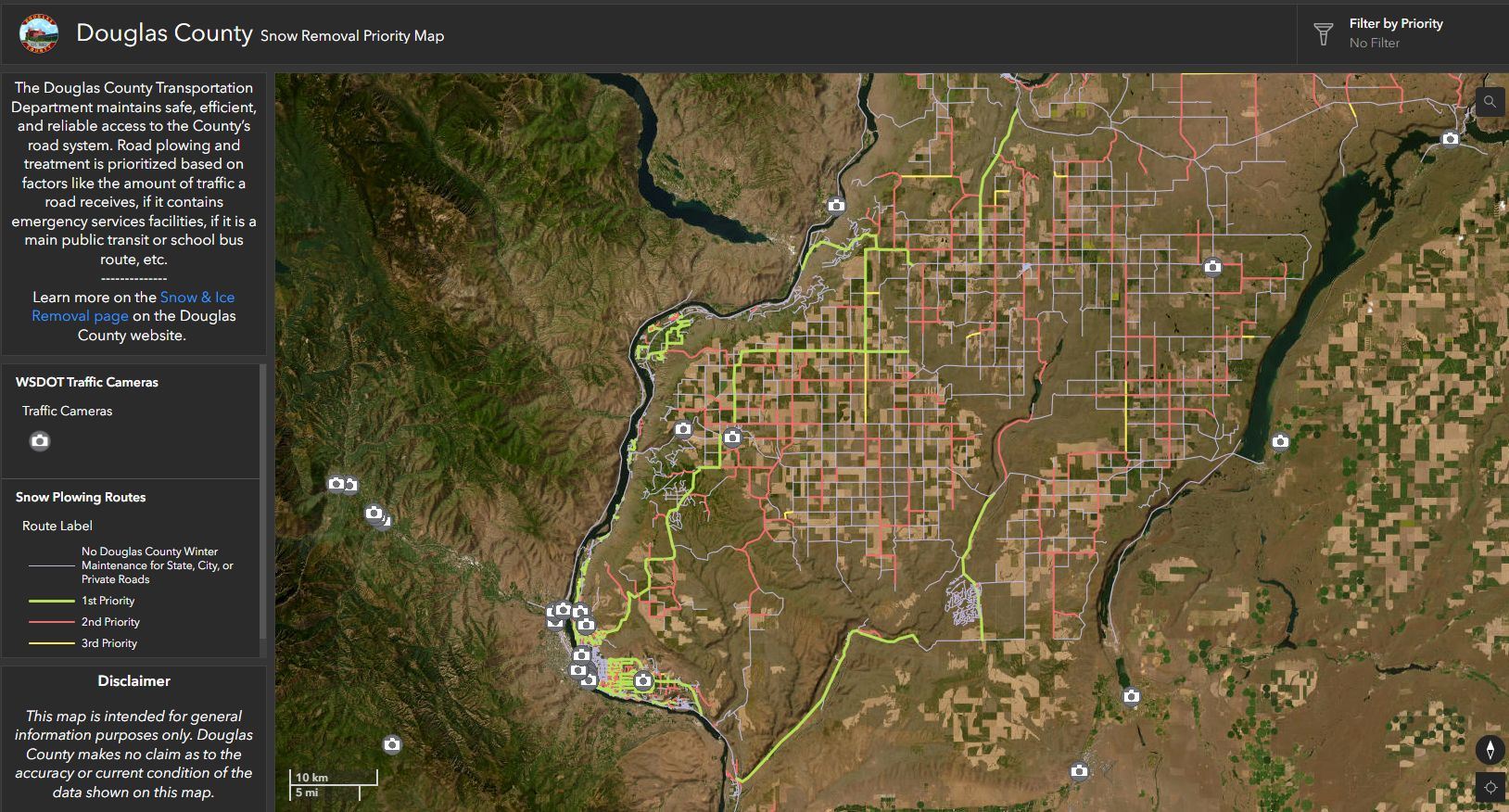 Screenshot of the snow route priority map for Douglas County